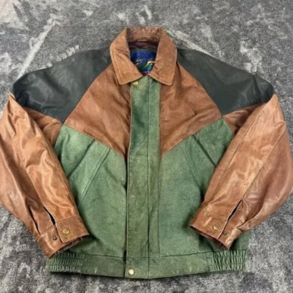 Vtg New Zealand Outback Colorblock Bomber Leather Jacket Lined Men's L Rare - Picture 1 of 8